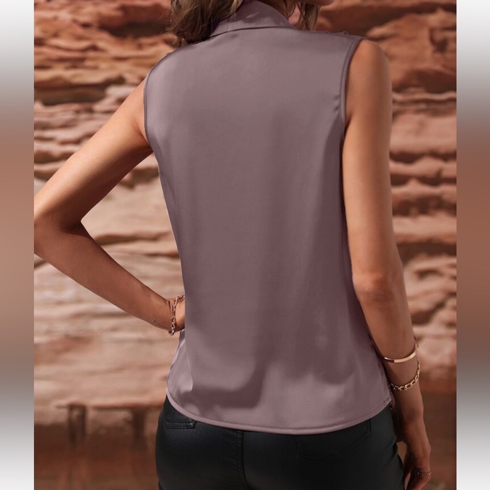 Luxe Satin Classic Ruched Overlap Sleeveless Office Work Top Blouse Shirt GREEN - Picture 10 of 16